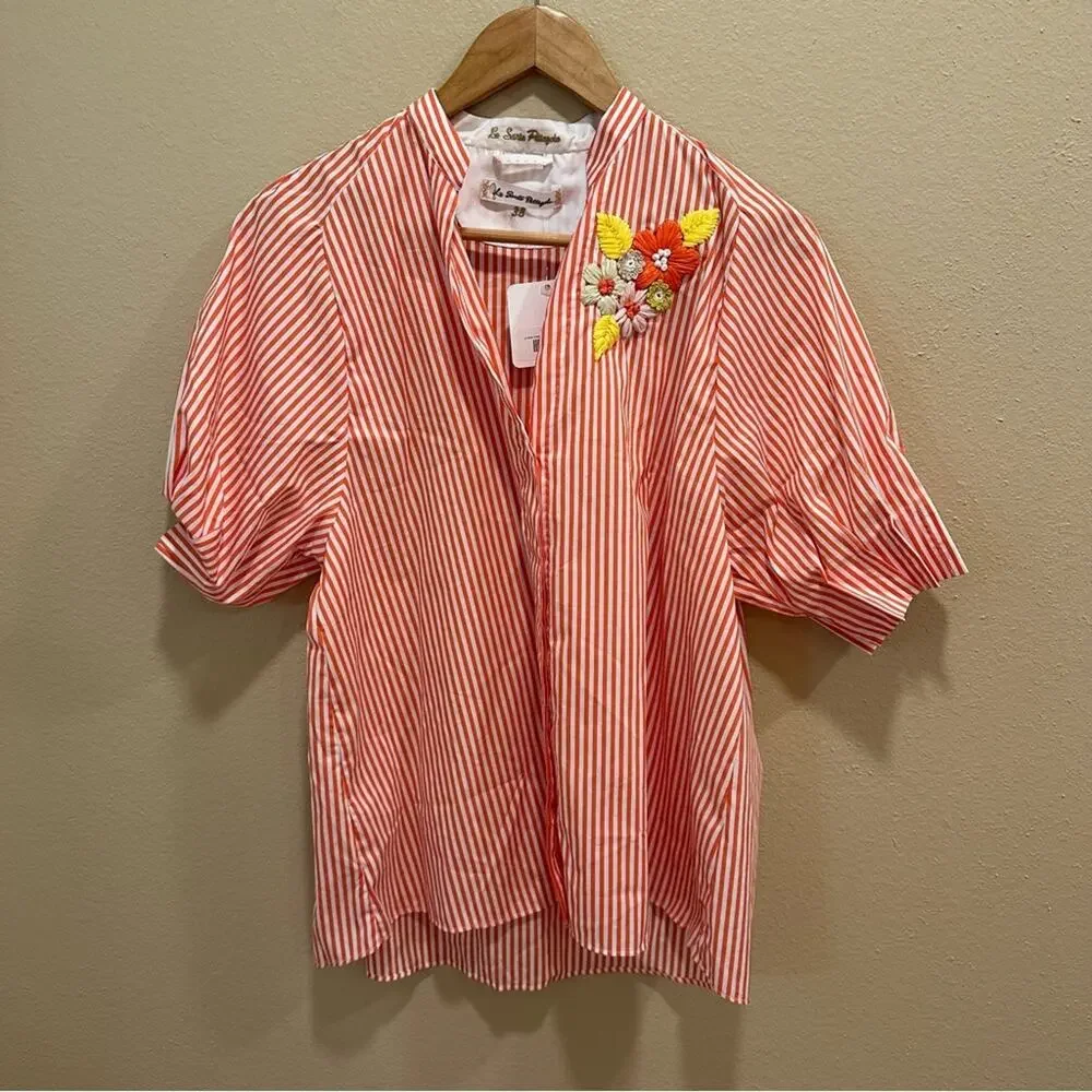 NWT Tuckernuck Le Sarte Pettegole Orange Striped Floral Top Medium - Picture 9 of 12